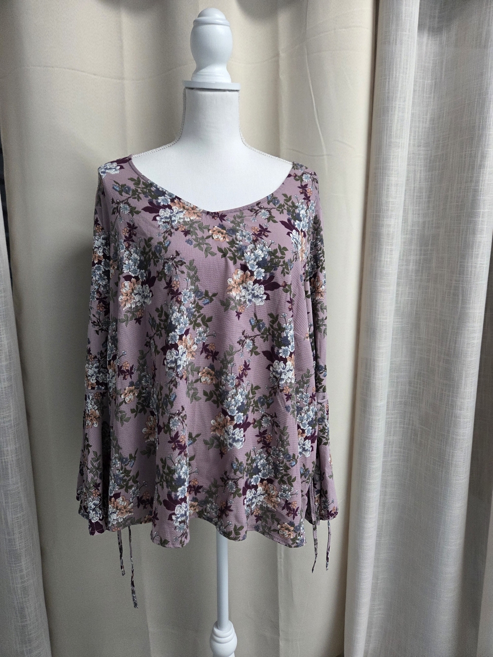No Comment Mauve Floral Long-Sleeve Scoop Neck Top Feminine Size 2X